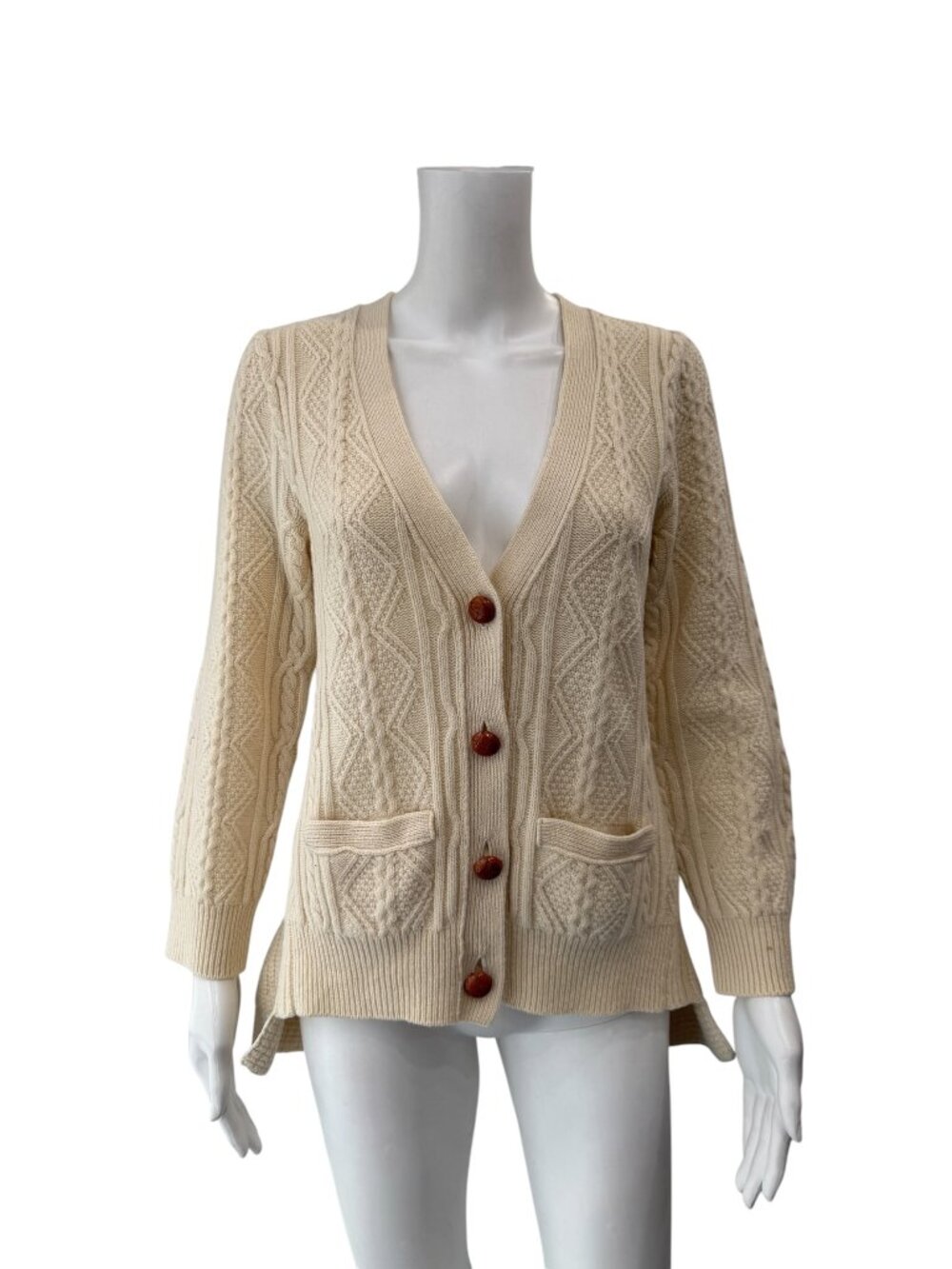 Sacai 1291 Ivory Cable Knit Wool V-Neck Flare Hem Sweater size 4